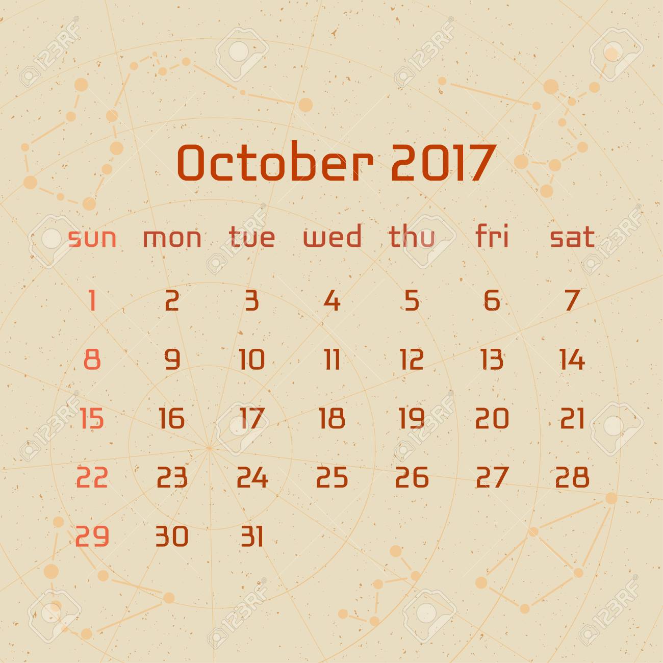 レトロなスタイルで 17 年ベクトルカレンダー ベージュ色の傷背景の星座のイメージで 10 月のカレンダーです あなたのカレンダーの創造的なデザインのアイデアのための要素のイラスト素材 ベクタ Image