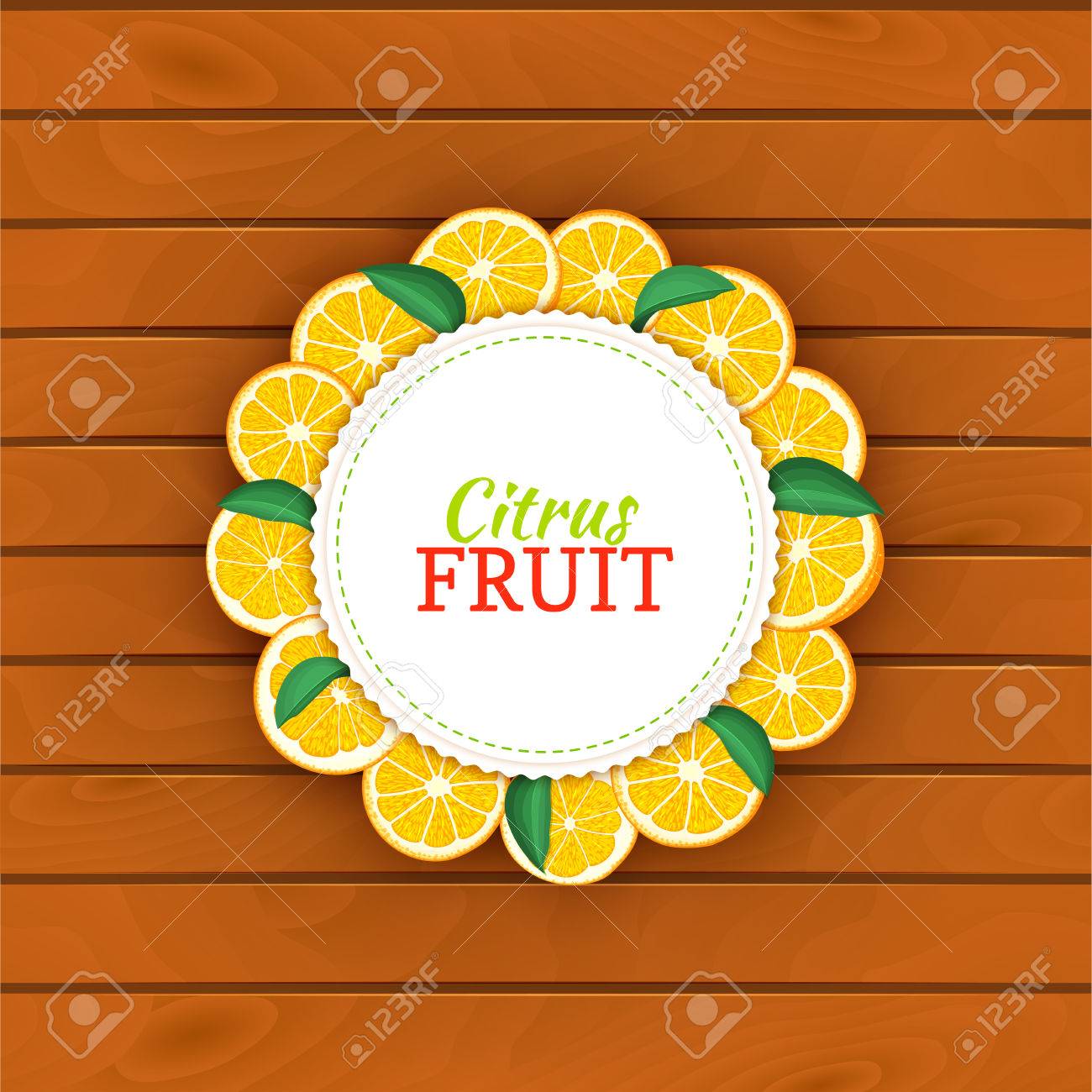 ボード木材の背景との国境のラウンド トロピカル オレンジの色のフレーム ベクトル カード イラスト フルーツ ラベル サークル シトラス オレンジ ラベル青果包装設計のための葉 のイラスト素材 ベクタ Image