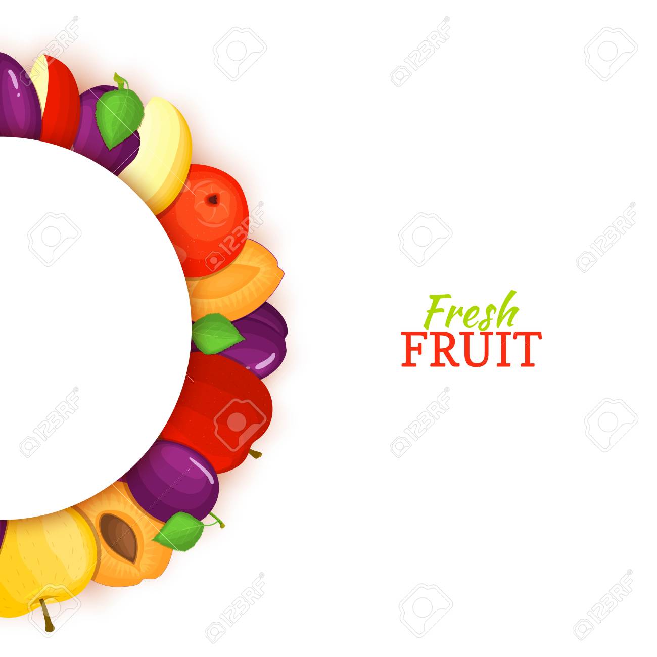 半円カラー フレームおいしいプラム フルーツで構成されています 食品包装 ジュース 朝食 お茶 化粧品のデザインの半円形の白いフレームでプラムはデトックス ダイエットです のイラスト素材 ベクタ Image