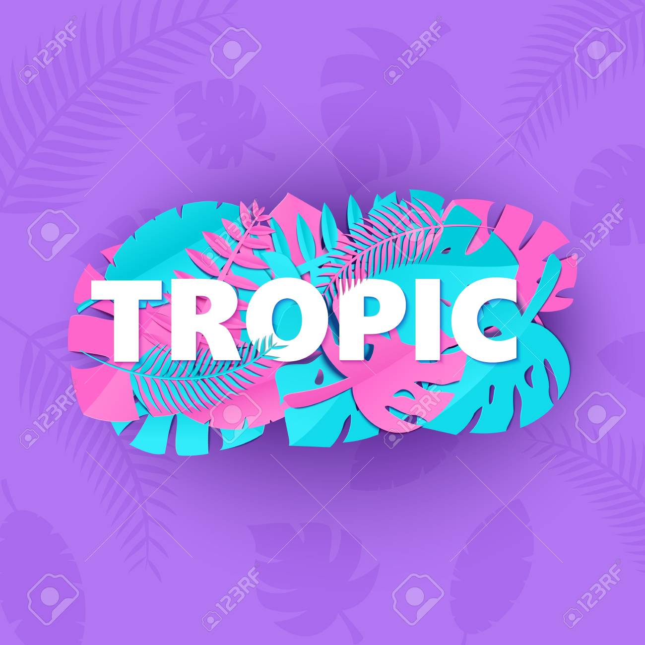 word tropic composition with creative pink blue jungle leaves on