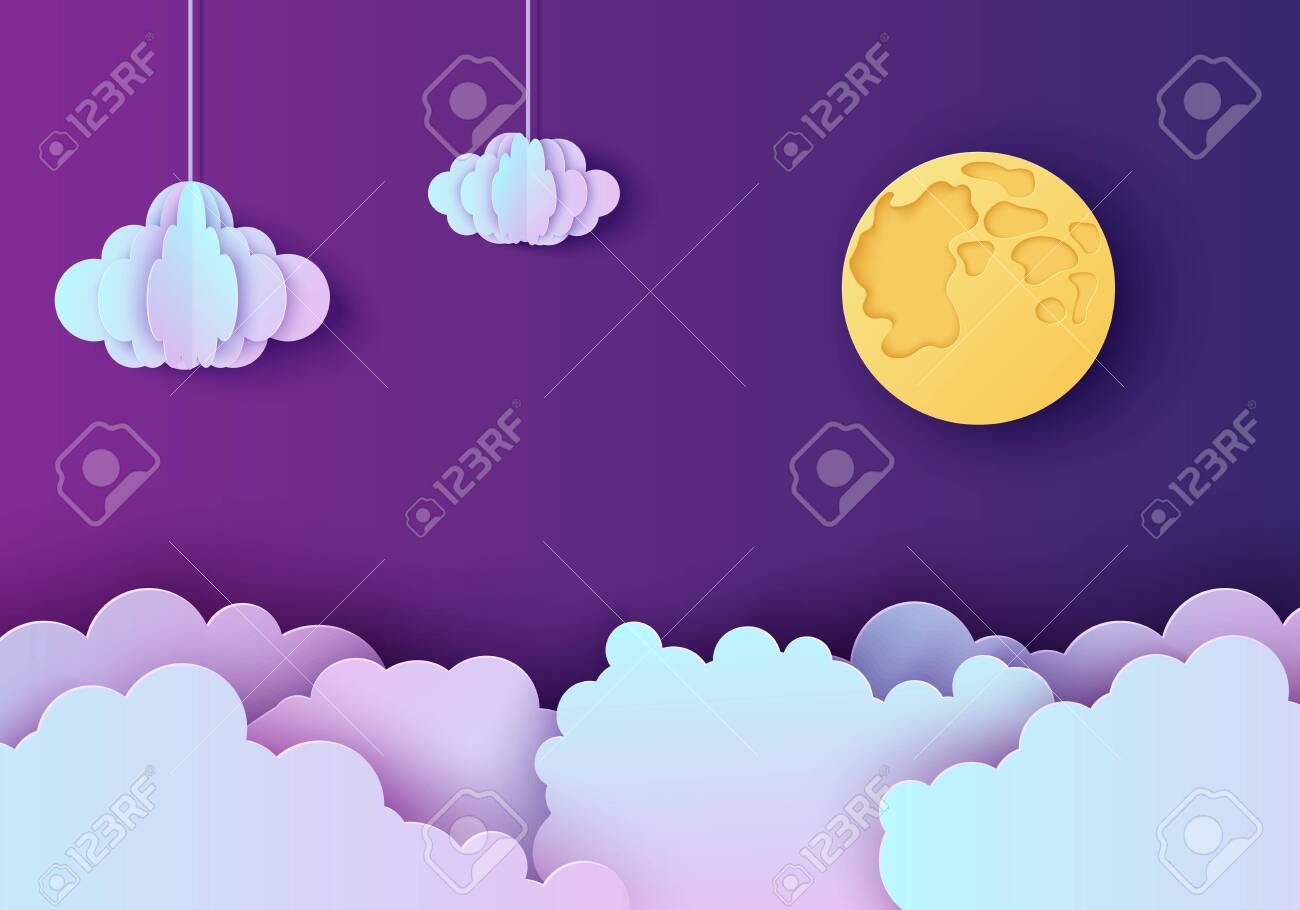 Download Night Sky In Paper Cut Style Cut Out 3d Background With Violet And Blue Gradient Clouds