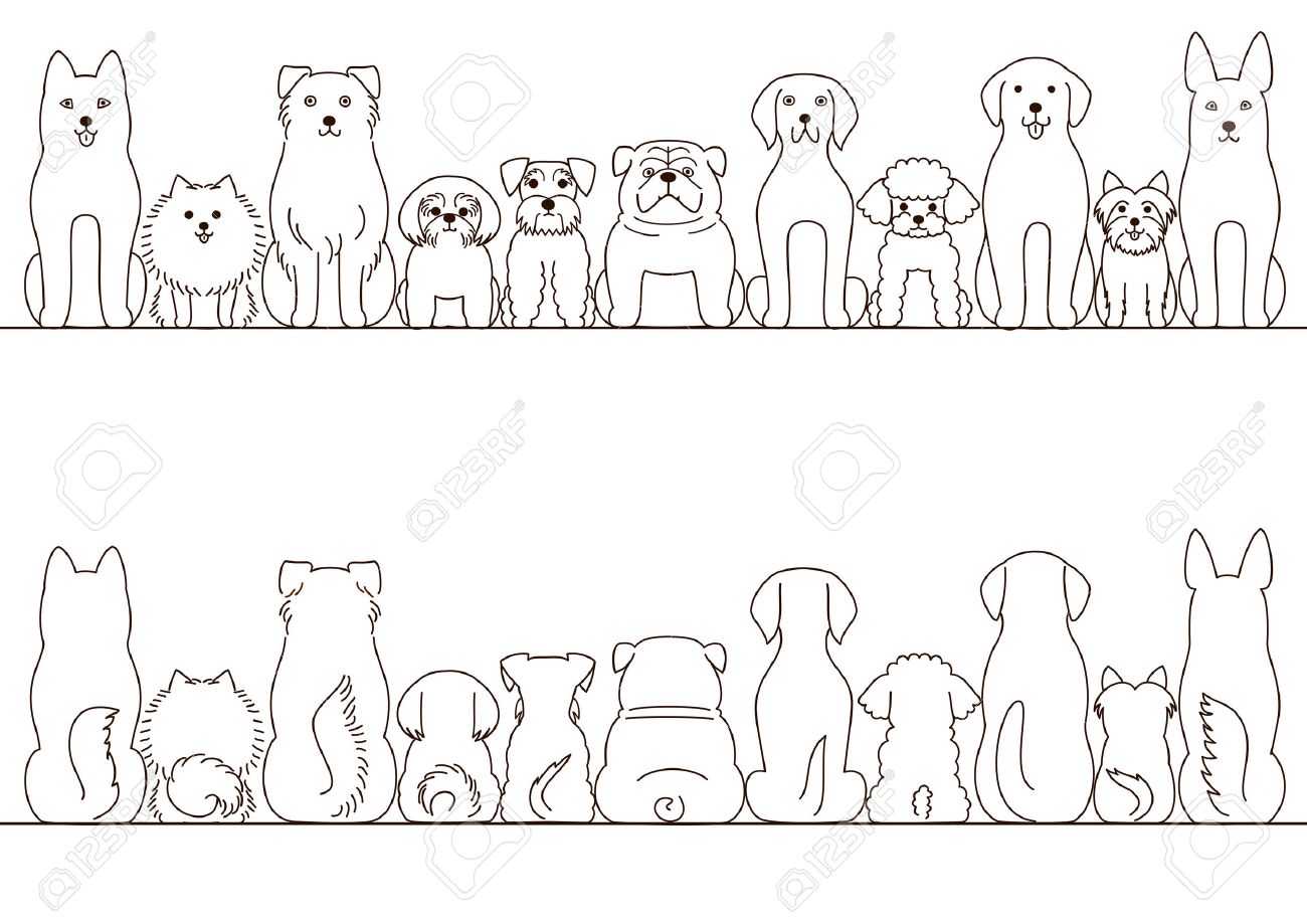 小規模および大規模な犬ボーダー セット 正面 背面 ライン アートのイラスト素材 ベクタ Image