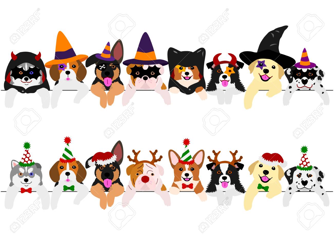 with Halloween costumes and with Christmas costumes, cute pups border set - 108235547 with Halloween costumes and with Christmas costumes, cute pups border set - 108235547