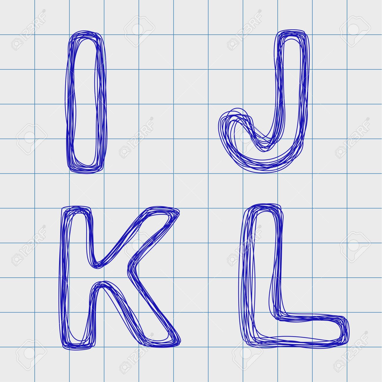 アルファベットの練習のためのノートに手描き下ろし 複数のループの形でアルファベットの文字 アウトライン フォント スタイル 簡単に編集します キャップは I J K L を見てください のイラスト素材 ベクタ Image