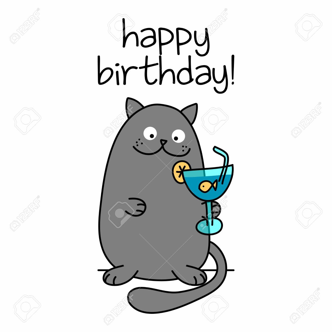 Happy Birthday Text With Cute Cat With Goldfish Cocktail Funny Royalty Free Cliparts Vectors And Stock Illustration Image