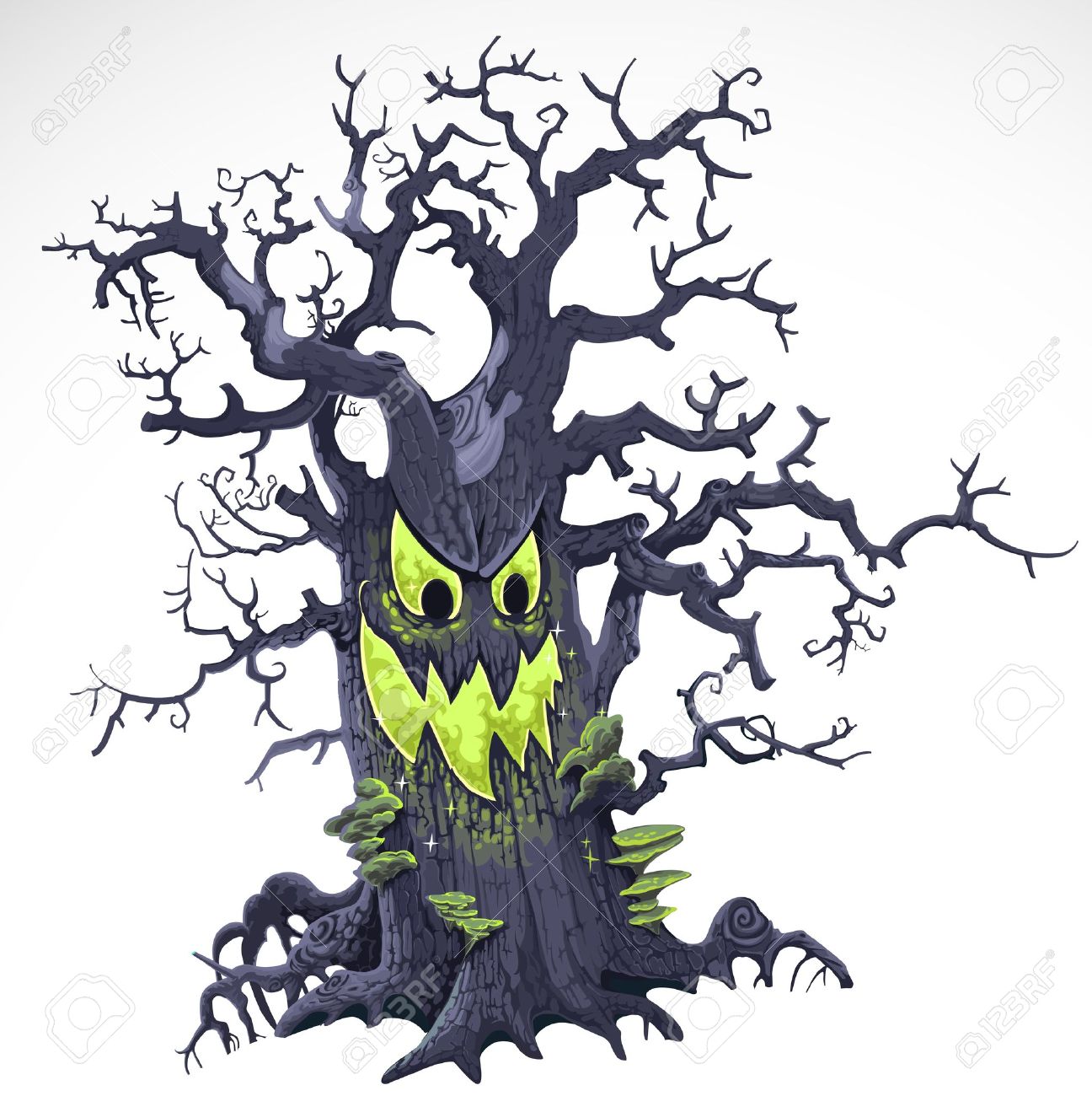 terrible halloween cartoon tree with a grin isolated on white