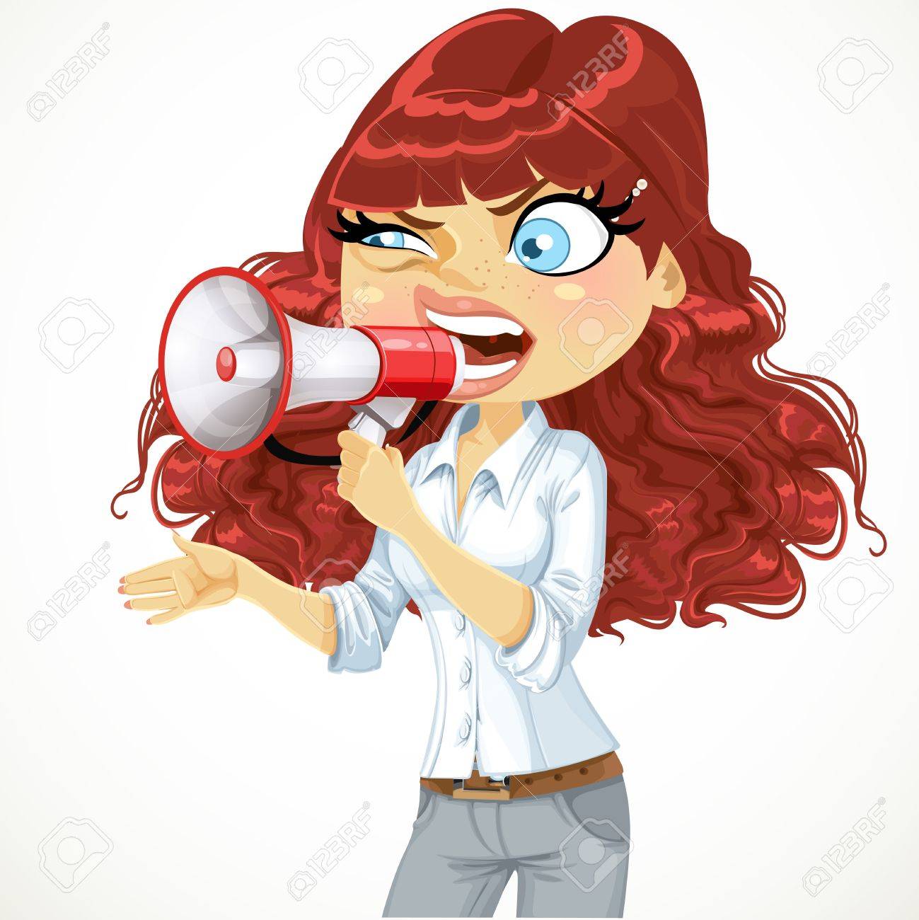 かわいい女の子の縮れ毛の叫びまたは白の背景に分離したメガホンを通して抗議のイラスト素材 ベクタ Image