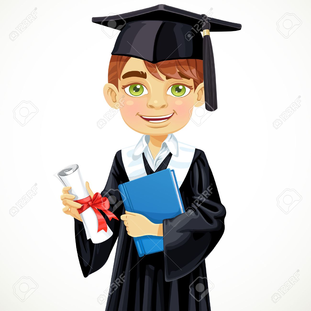 卒業証書と教科書を保持しているかわいい学生少年のイラスト素材 ベクタ Image