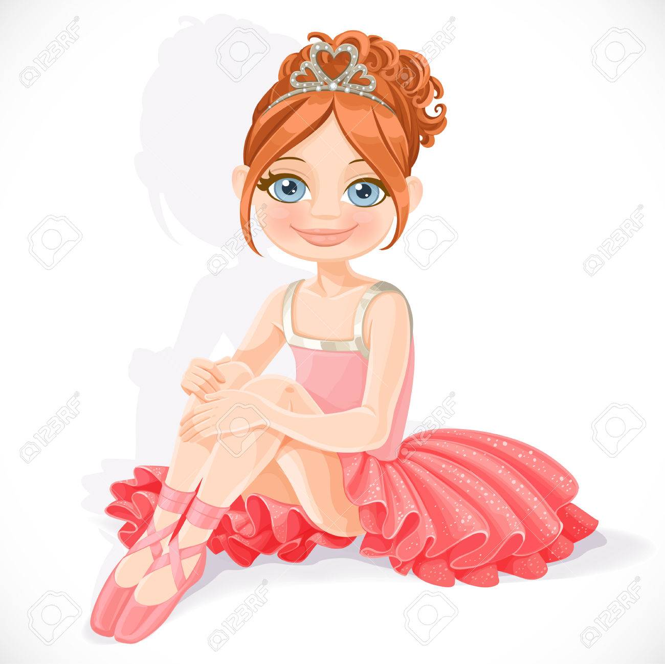 ピンクのドレスで美しい小さなバレリーナの女の子は 白い背景で隔離の床に座る のイラスト素材 ベクタ Image