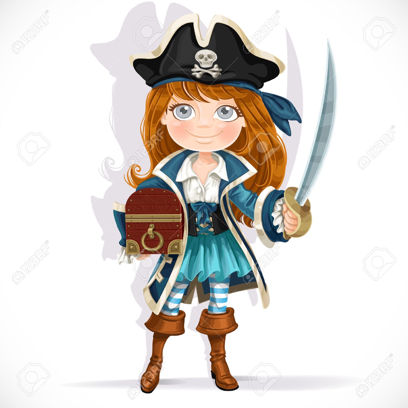 La Petite Fille Mignonne De Pirate Avec Sabre Et Tresor Isole Sur Un Fond Blanc Clip Art Libres De Droits Vecteurs Et Illustration Image