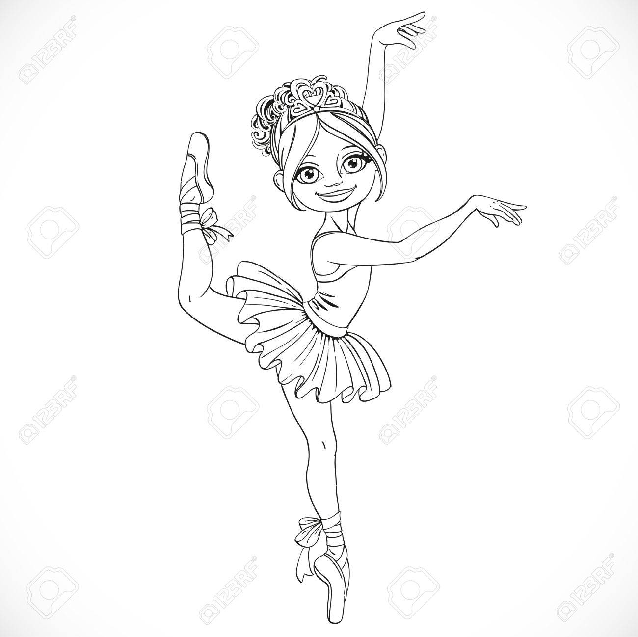 白い背景上に分離されて概説チュチュで踊っているかわいいバレリーナの女の子 のイラスト素材 ベクタ Image