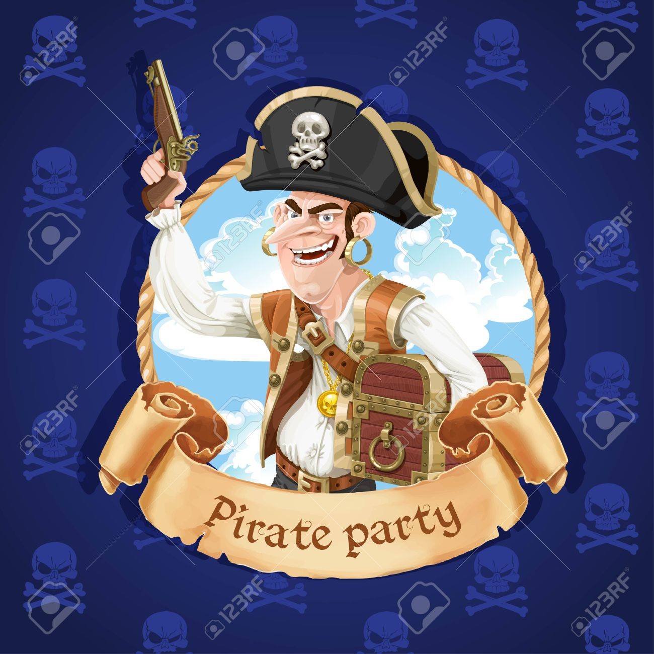 かわいい海賊銃と大きな宝箱 海賊党のバナーのイラスト素材 ベクタ Image 3692
