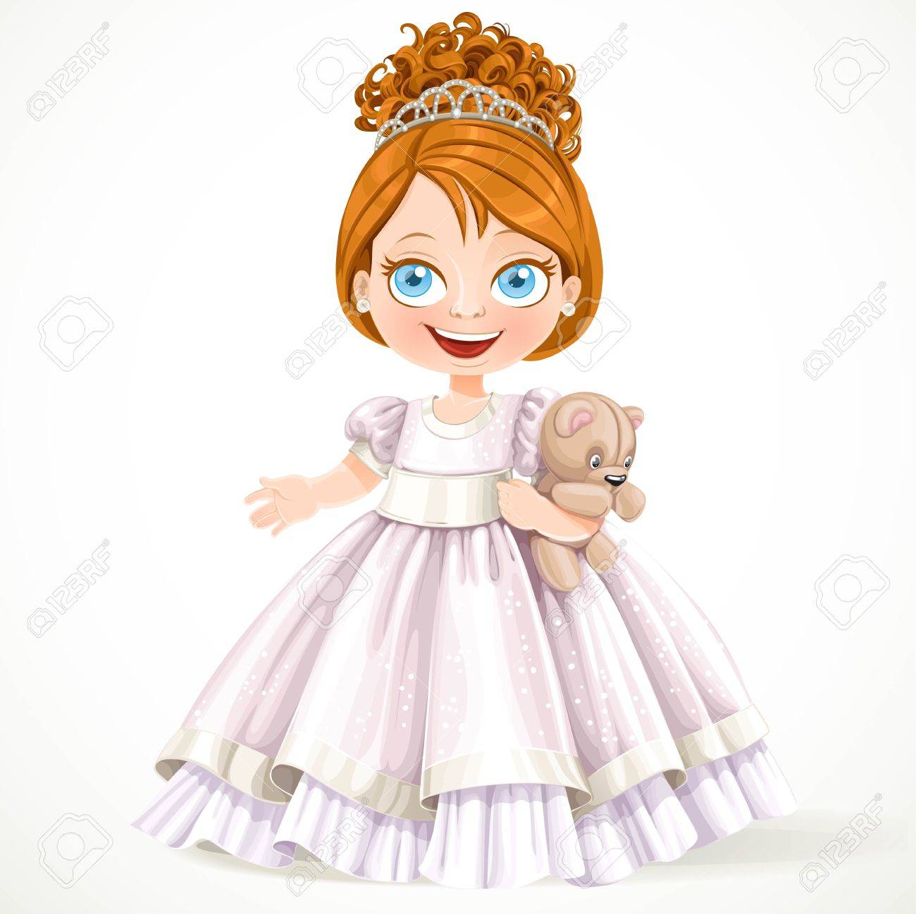 Schattige Kleine Prinses In Een Prachtige Witte Jurk Met Mooie Kleine Prinses In Tiara Houden Van Zacht Speelgoed