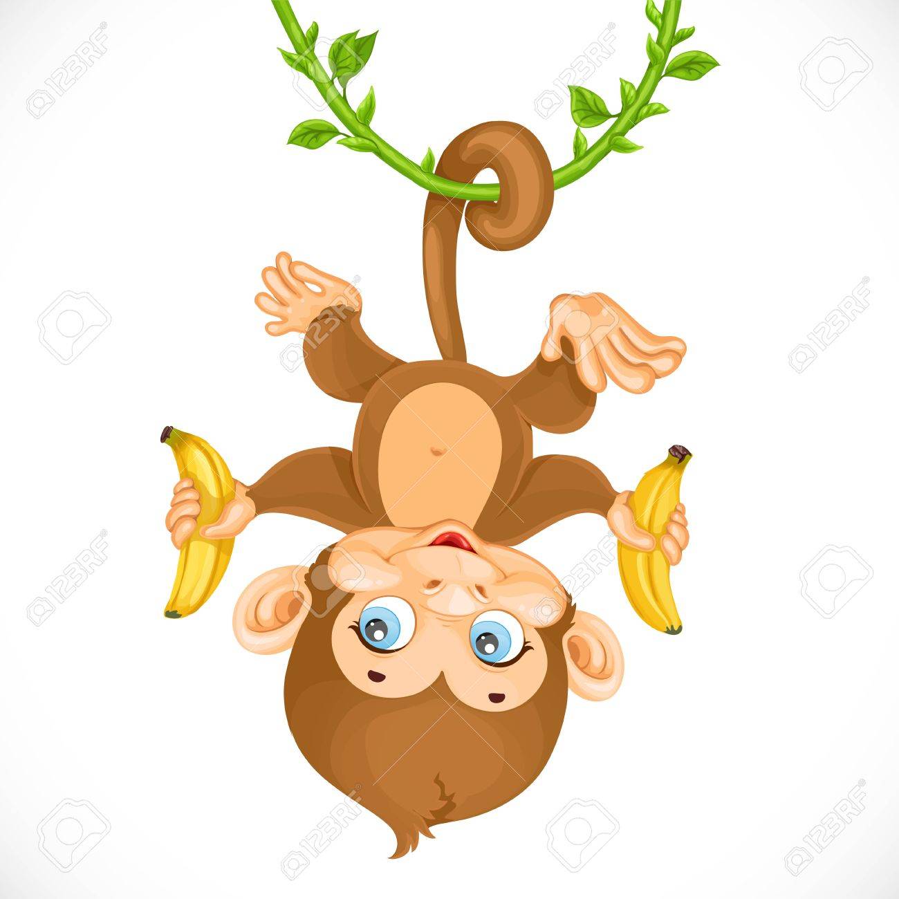 Cute Baby Monkey With Banana Hanging On The Liana Isolated On A White Background Royalty Free Svg Cliparts Vectors And Stock Illustration Image