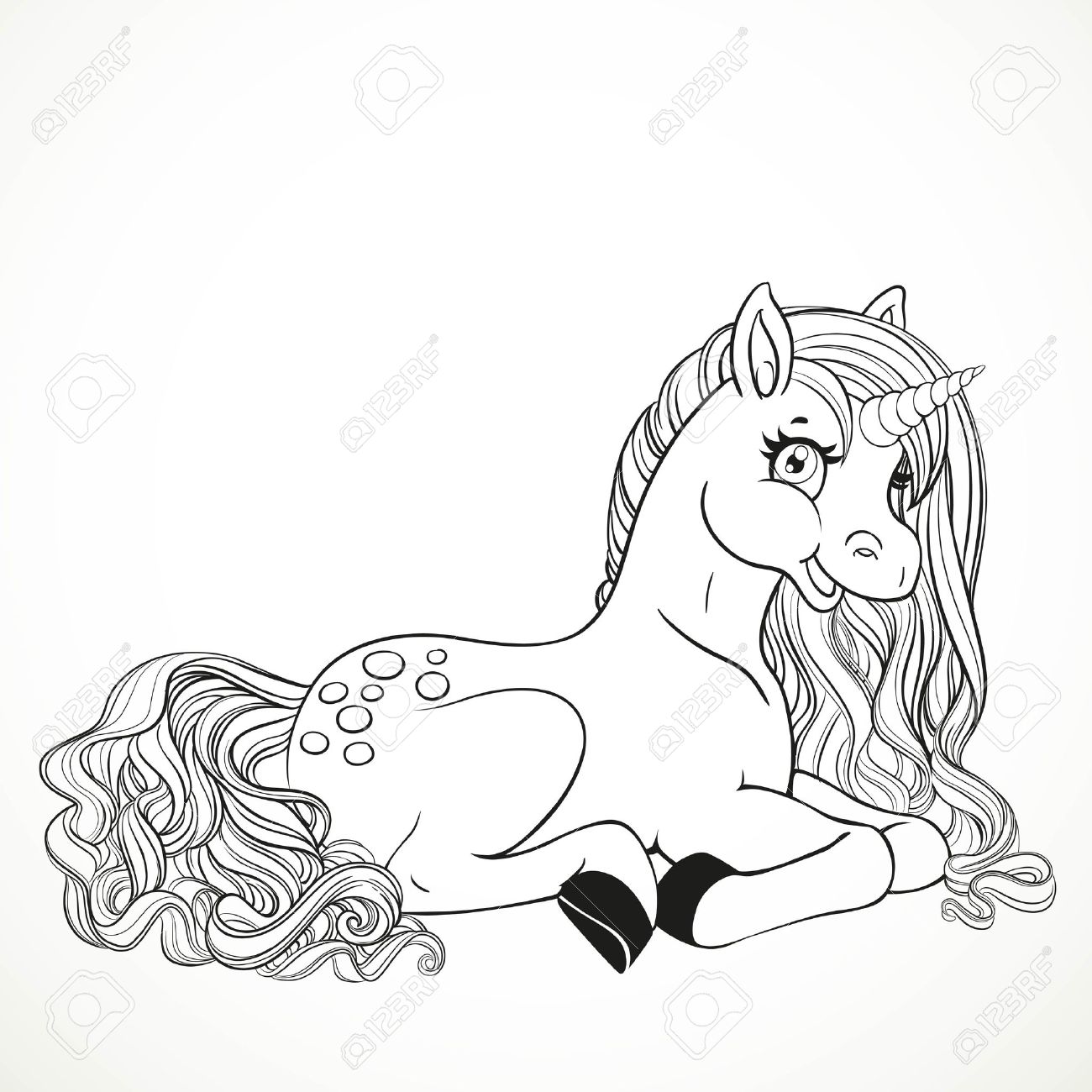 塗り絵は 白い背景で隔離の床に横になっている緑豊かなたてがみと美しい魔法のユニコーンのイラスト素材 ベクタ Image 56168257