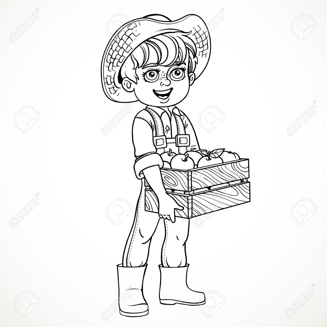 ジーンズのオーバー オールとゴムのかわいい男の子農家ブーツ アップル線画着色白い背景で隔離のために木製の箱を持ってのイラスト素材 ベクタ Image