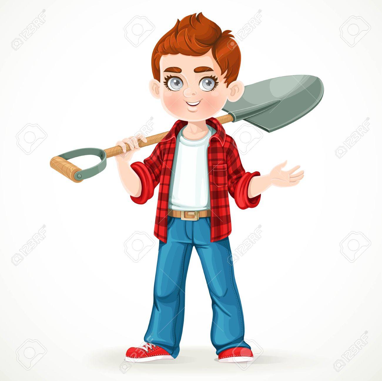 彼の肩と何かシャベル指示白い背景の分離を保持するジーンズのかわいい男の子農家のイラスト素材 ベクタ Image 彼の肩と何かシャベル指示白い背景の分離を保持するジーンズのかわいい男の子農家のイラスト素材 ベクタ Image