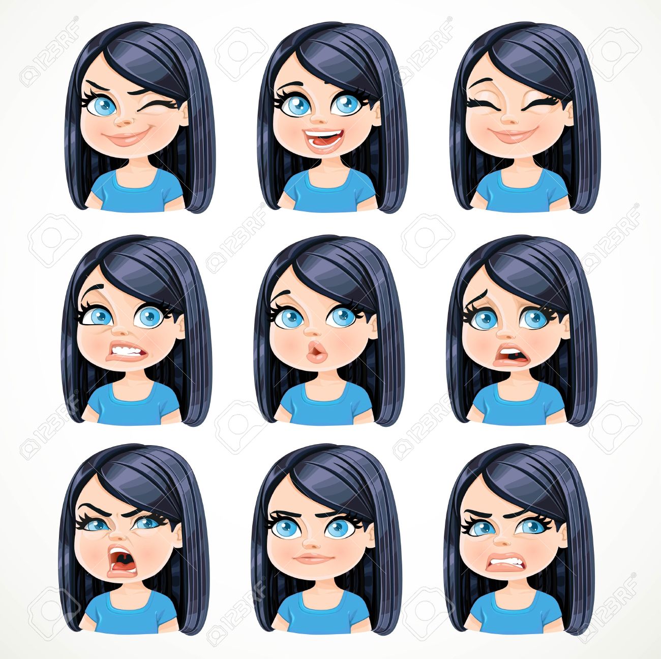 Schone Karikatur Brunette Madchen Mit Schwarzen Haaren Portrat Von Verschiedenen Emotionalen Staaten Gesetzt 2 Isoliert Auf Weissem Hintergrund Lizenzfrei Nutzbare Vektorgrafiken Clip Arts Illustrationen Image 70886660