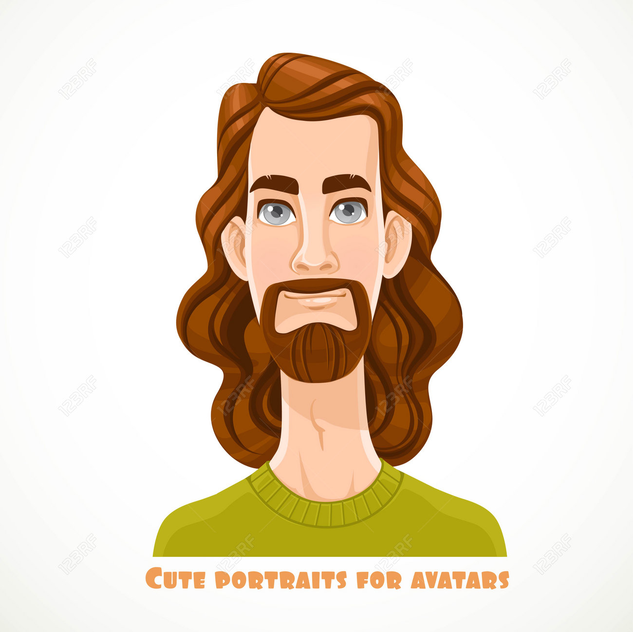 Cute Long Haired Bearded Men Portrait For Avatar Isolated On