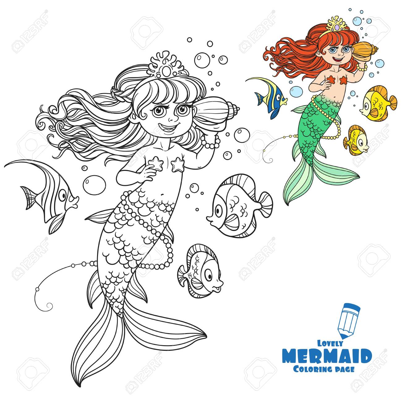 Cute Little Mermaid Girl Floats In Water And Listens Shell ...