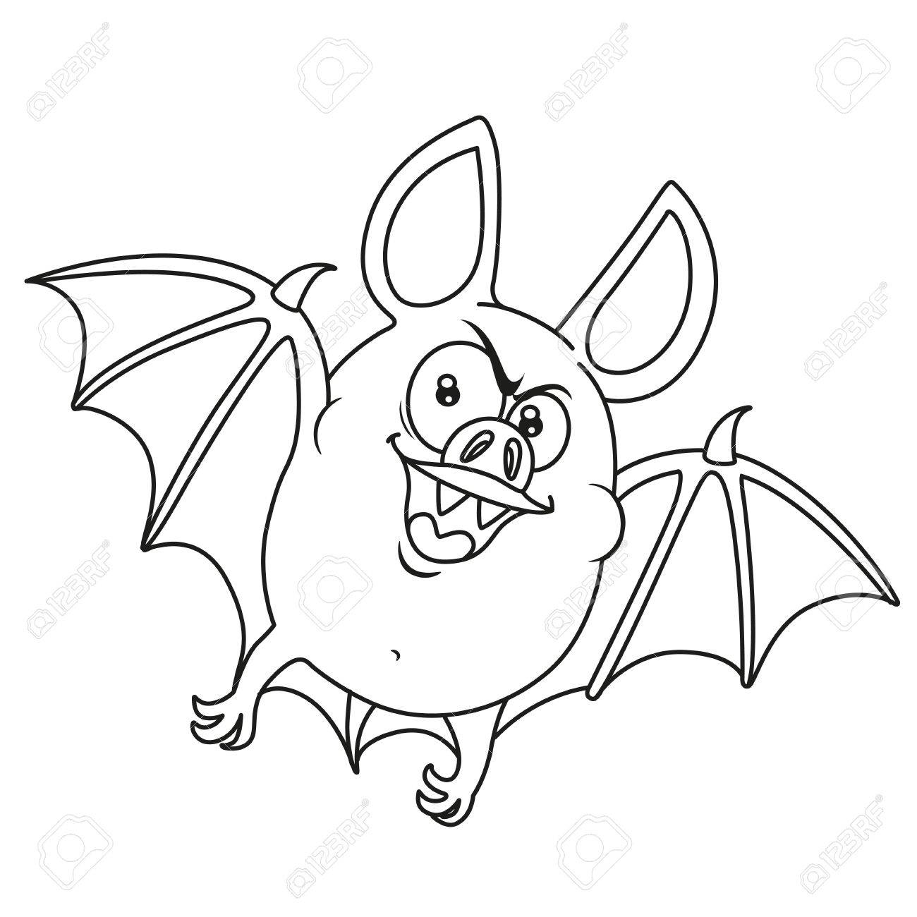 Cute fat Halloween bat flying outlined for coloring page Stock Vector