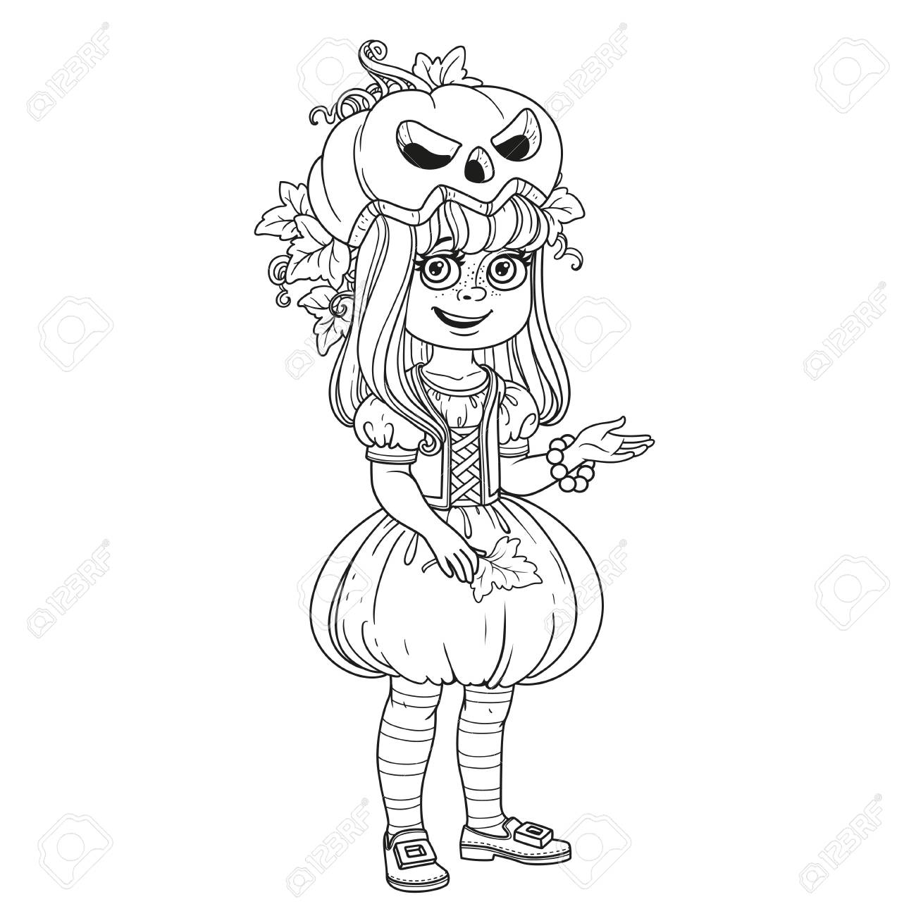 Jolie fille en costume de citrouille décrit pour la page   colorier Banque d images