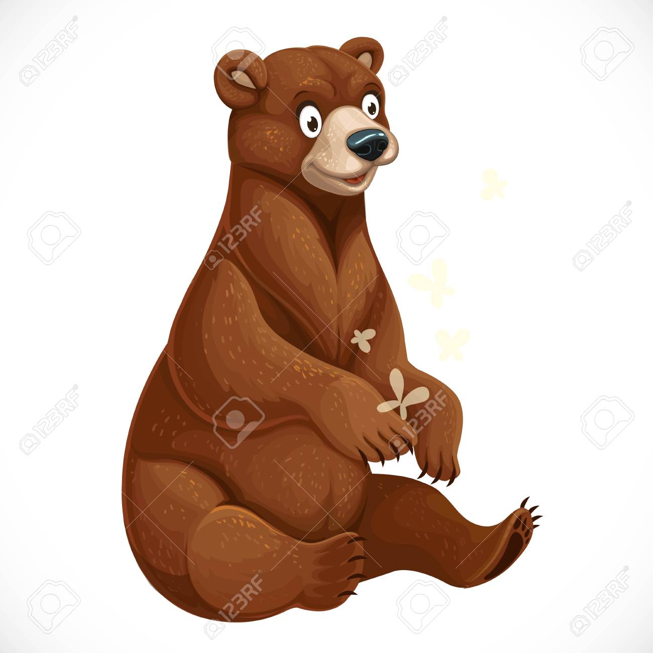 Cute cartoon bear playing with yellow moths sit on white background - 116840327 Cute cartoon bear playing with yellow moths sit on white background - 116840327