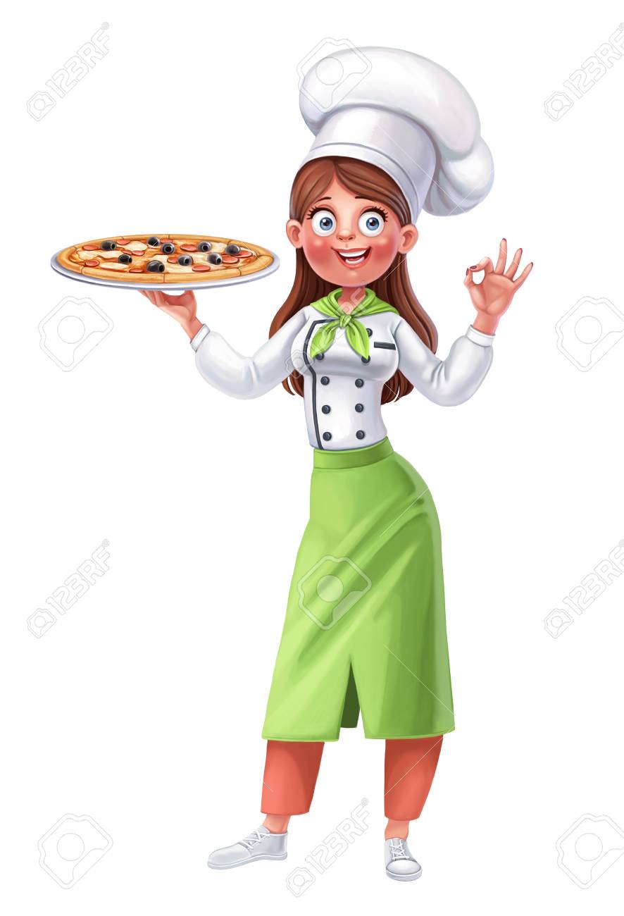 Cute Girl Cook Holds In Her Hand A Big Dish With Pizza On A White  Background Stock Photo, Picture and Royalty Free Image. Image 121632956., image size:886x1300