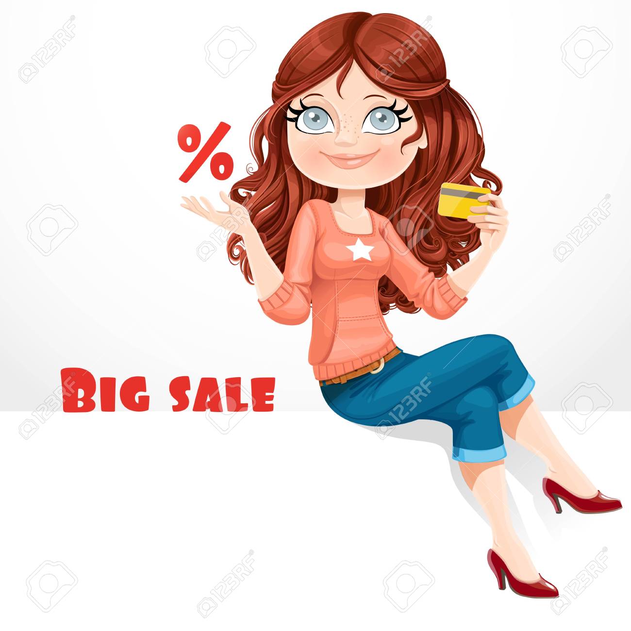 Beautiful Girl With A Credit Card Show The Percent Symbol And Talks About Big Sales Sitting On White Banner Royalty Free SVG, Cliparts, Vectors, And Stock Illustration. Image 120612602. Beautiful Girl With A Credit Card Show The Percent Symbol And Talks About Big Sales Sitting On White Banner Royalty Free SVG, Cliparts, Vectors, And Stock Illustration. Image 120612602.