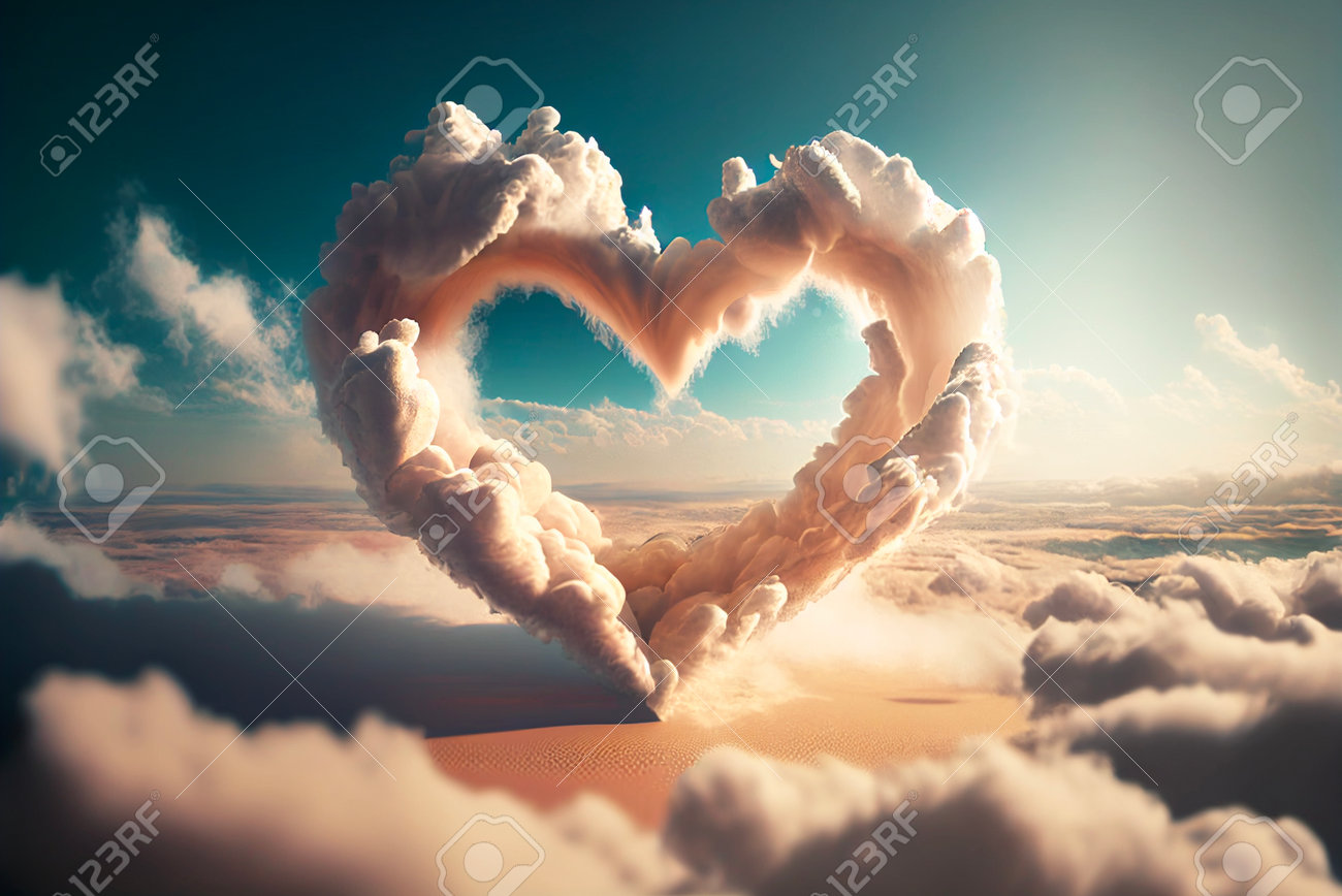 砂漠のハート型の雲、雲の上の青い空を背景に。3Dイラスト