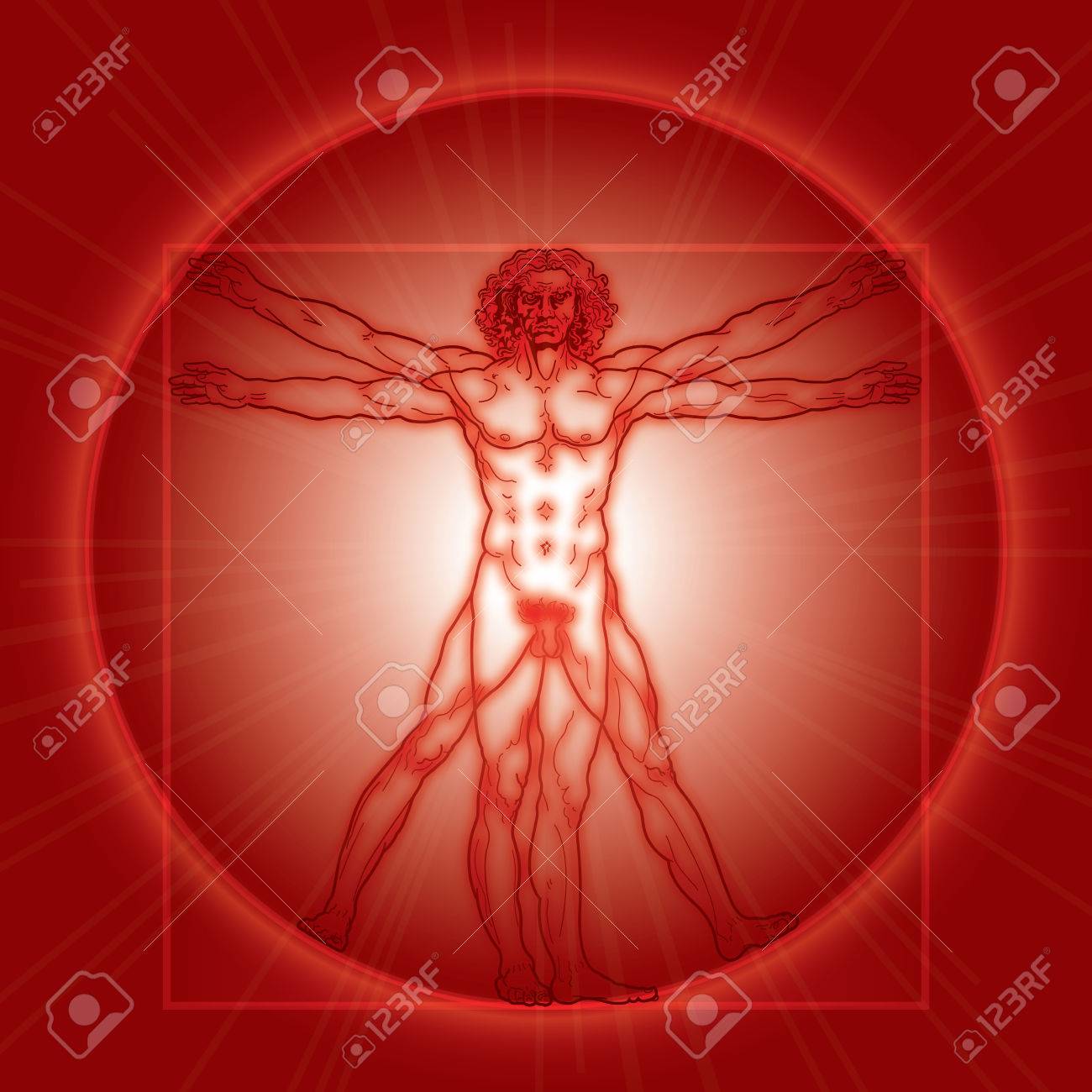 ホモ Vitruviano ウィトルウィウス男 レオナルドの男 レオナルド ダ ヴィンチ 1490 年頃彼のによって実行される古代原稿の芸術家の傑作の基礎の図面を詳しく説明します 燃えるような赤の輝き版 のイラスト素材 ベクタ Image