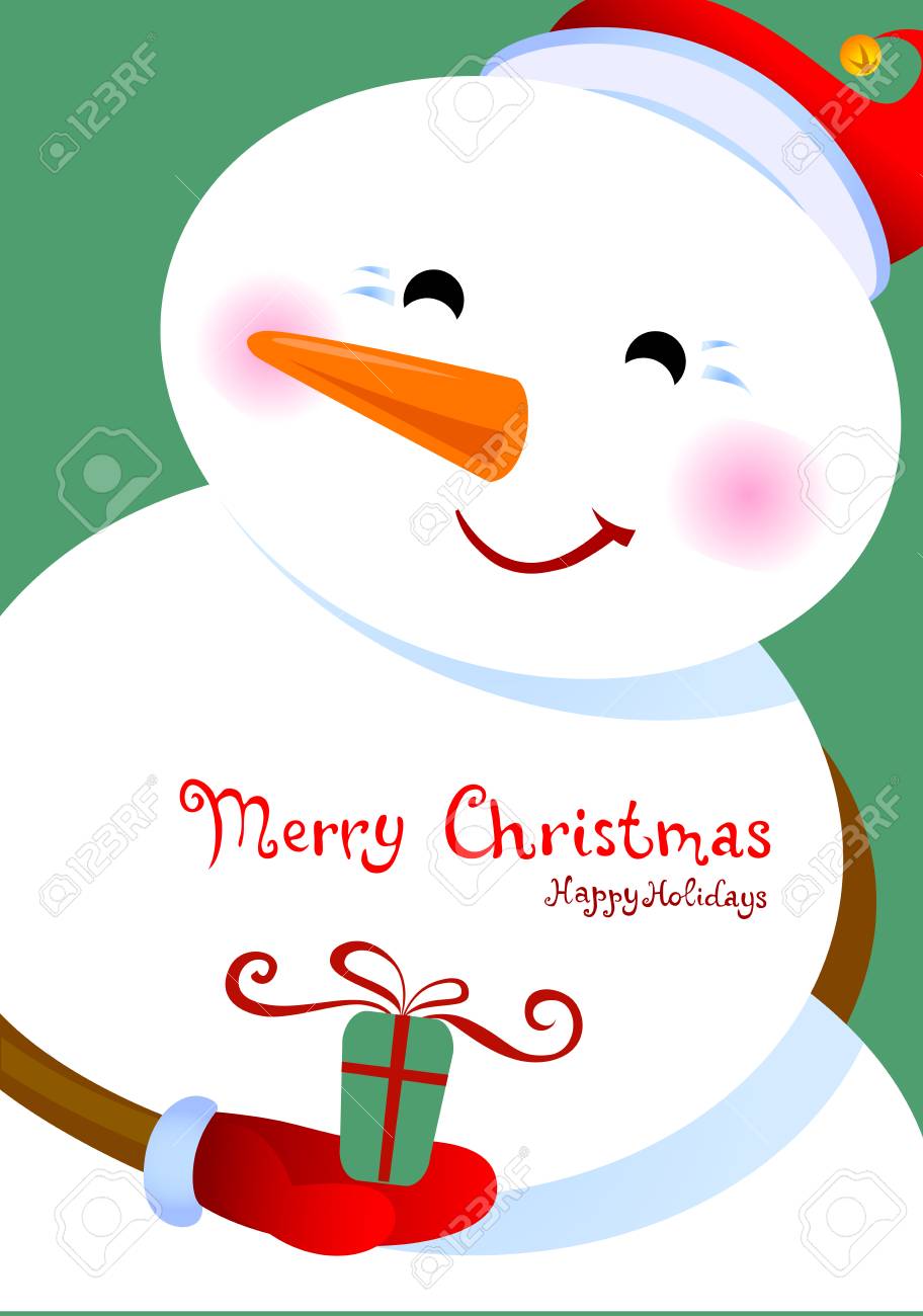 Muñeco De Nieve Alegre Un Regalo En Una Mano. Ilustraciones Svg, Vectoriales, Clip Art Vectorizado Libre De Derechos. Image 33588922.
