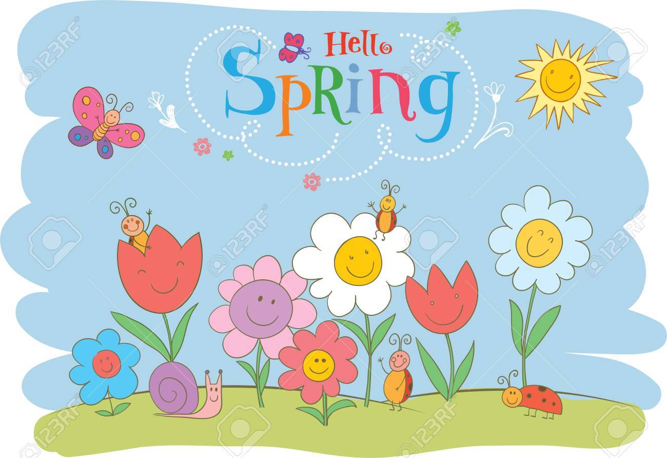 こんにちは春かわいいグリーティング カードです のイラスト素材 ベクタ Image