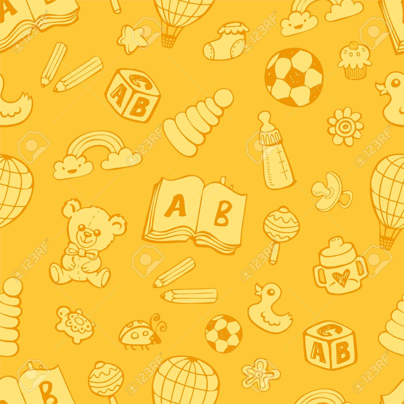 Motif Sans Couture Avec De Beaux Jouets Pour Bebe En Couleurs Monochrome Jaune Sur Fond Jaune Le Bon Choix Pour Les Accessoires Pour Enfants Les Tissus Et Autres Illustration Vectorielle Clip Art