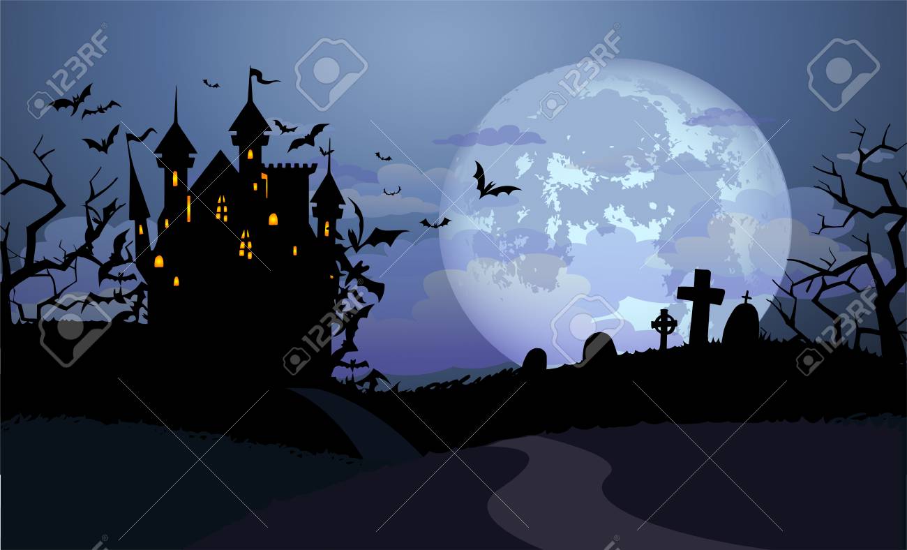 Fondo De Halloween Con El Castillo De Drácula Y Varias Siluetas De  Murciélagos Volando Contra La Luna Llena Ilustraciones Vectoriales, Clip  Art Vectorizado Libre De Derechos. Image 87739464.