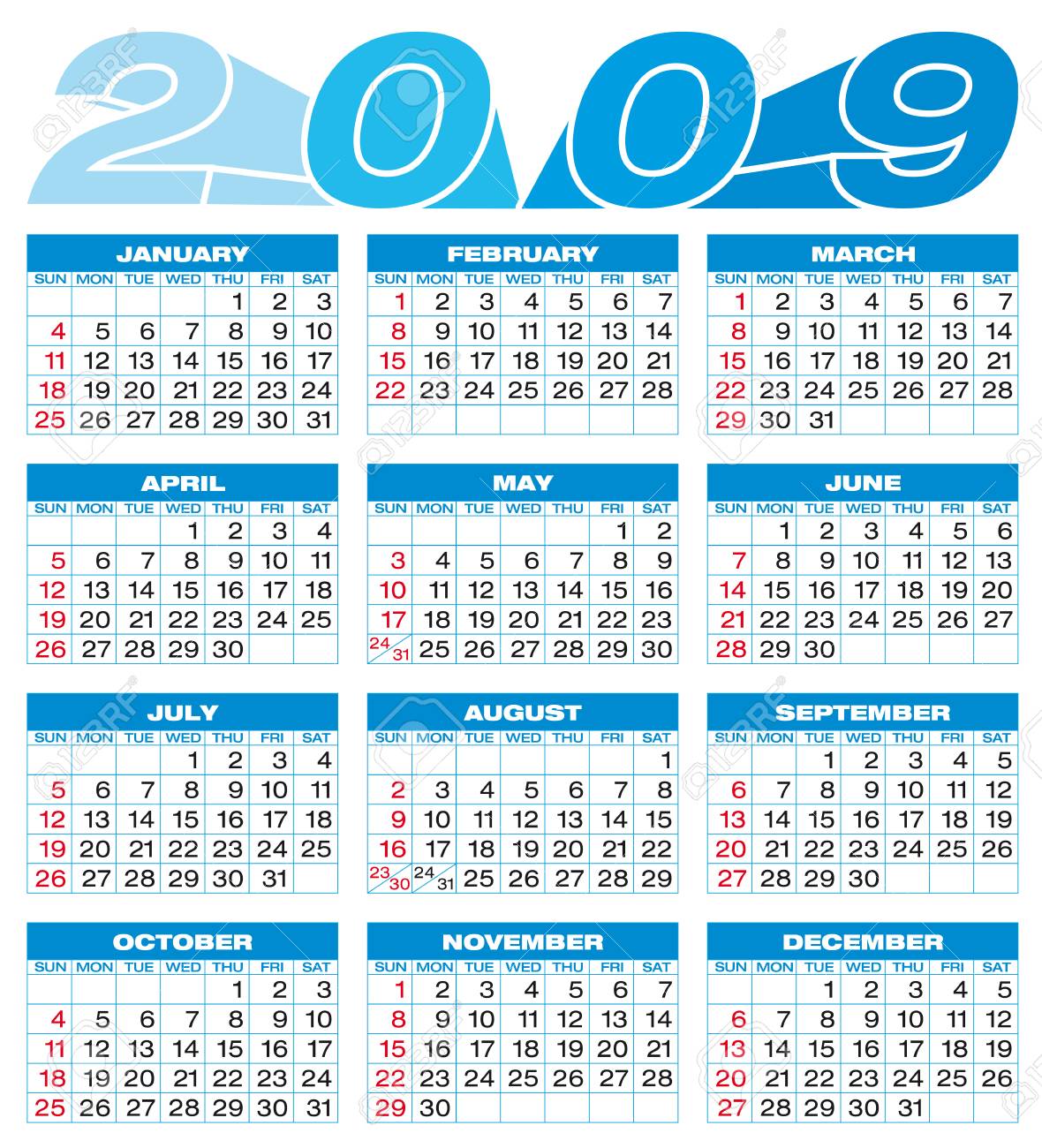 2009 年カレンダーグリッド内の数字。のイラスト素材・ベクター Image