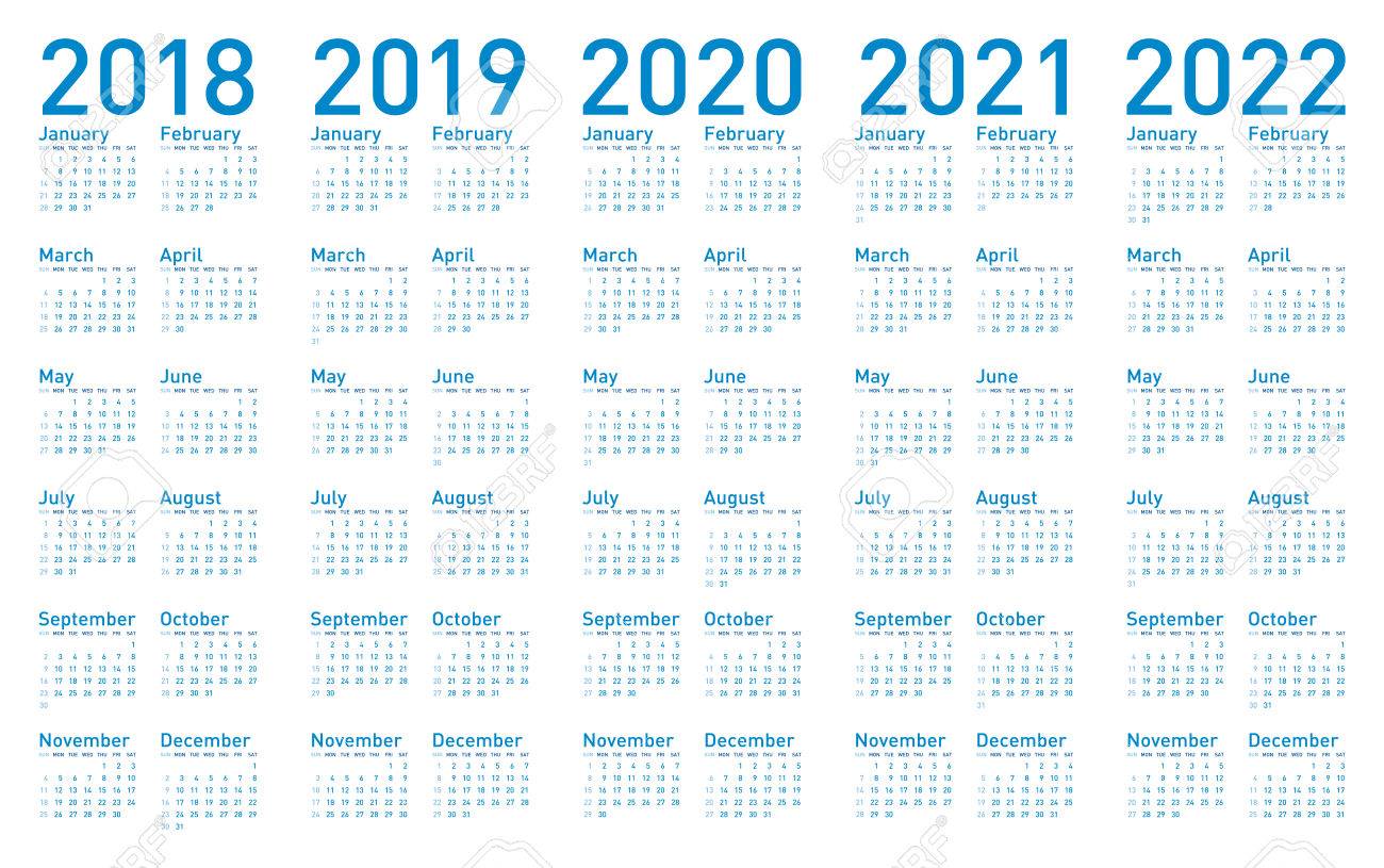 simple blue calendar for years 2018 2019 2020 2021 and 2022 calander years