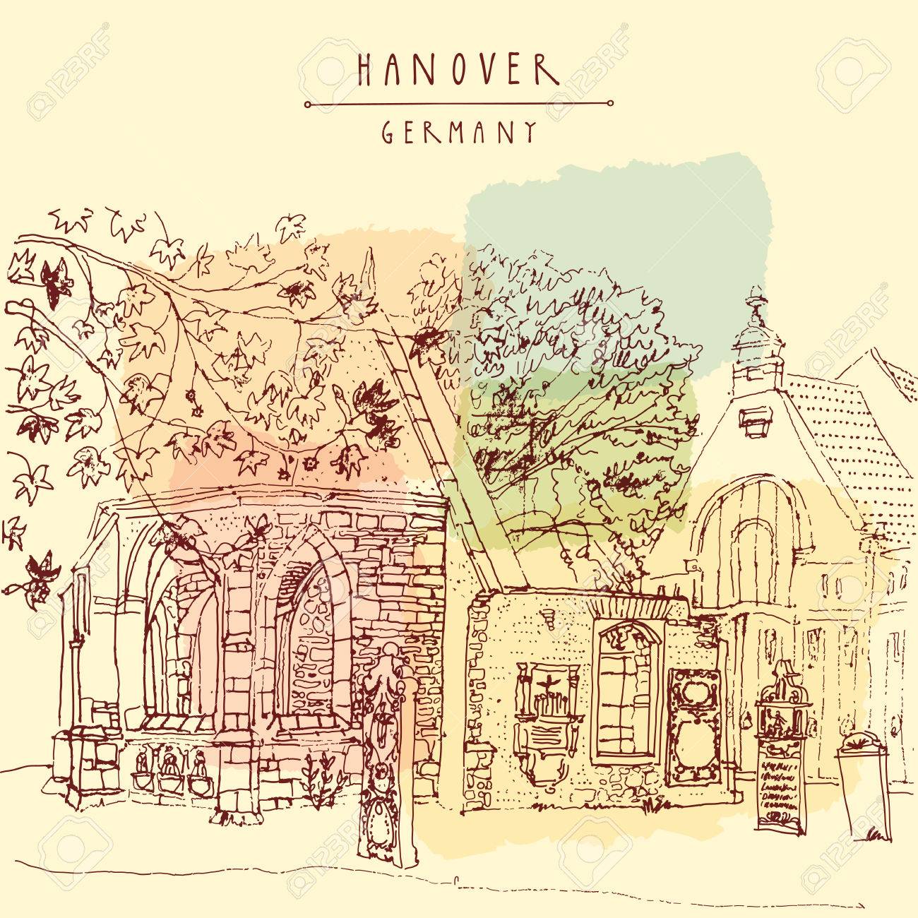 教会の遺跡 ハノーバー ドイツ ヨーロッパの古い墓地を放棄しました フリーハンドでの描画 ライン アート 手レタリングと旅行記 ビンテージのポストカード イラスト テンプレートです ベクトルのイラスト素材 ベクタ Image