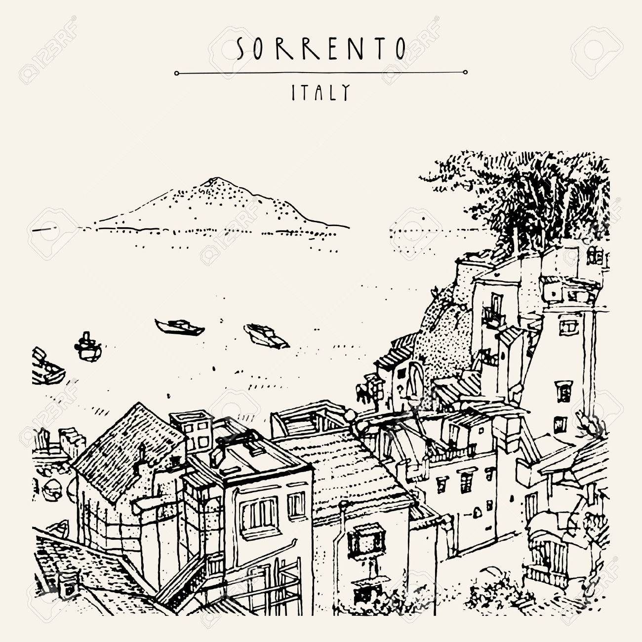 Sorrento, Italy, Europe. Above view. Vesuvio volcano, trees, sea. Sketchy line art. Artistic illustration drawing. Hand lettering. Touristic postcard poster template, book illustration in vector - 58516801 Sorrento, Italy, Europe. Above view. Vesuvio volcano, trees, sea. Sketchy line art. Artistic illustration drawing. Hand lettering. Touristic postcard poster template, book illustration in vector - 58516801