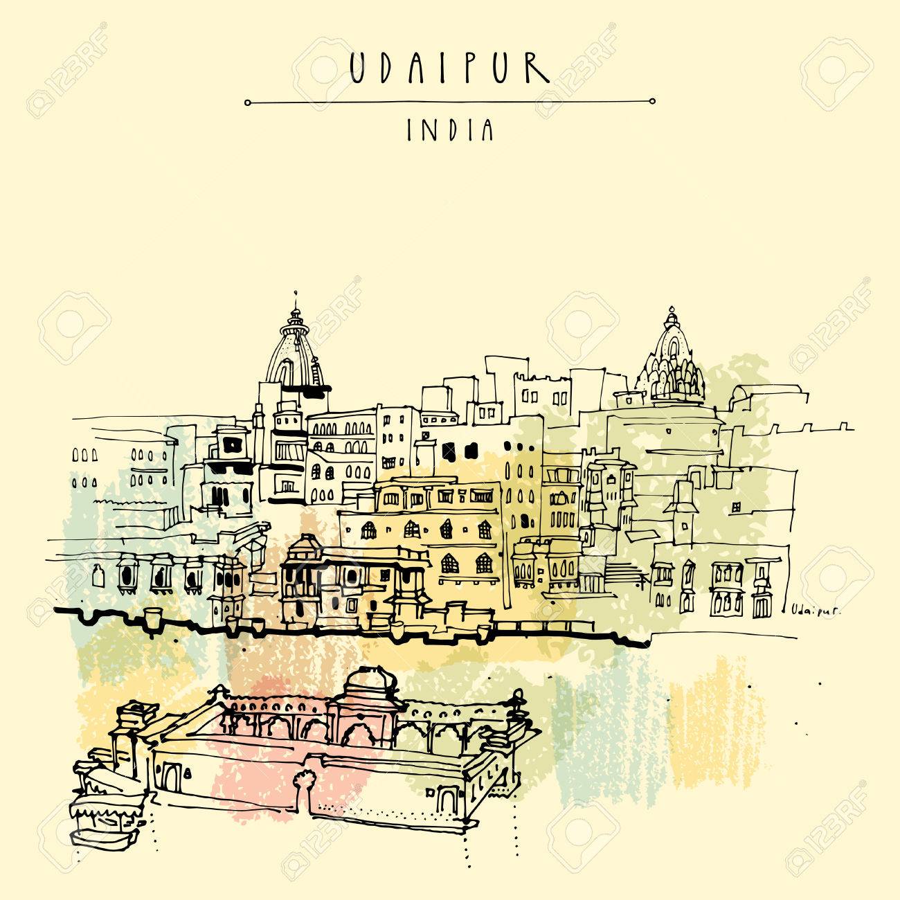 58715419 View Of Udaipur Rajasthan India Hand Drawn Cityscape Sketch Travel Art Vintage Artistic Postcard Tem Stock Vector J Travel Art Udaipur Travel Sketches