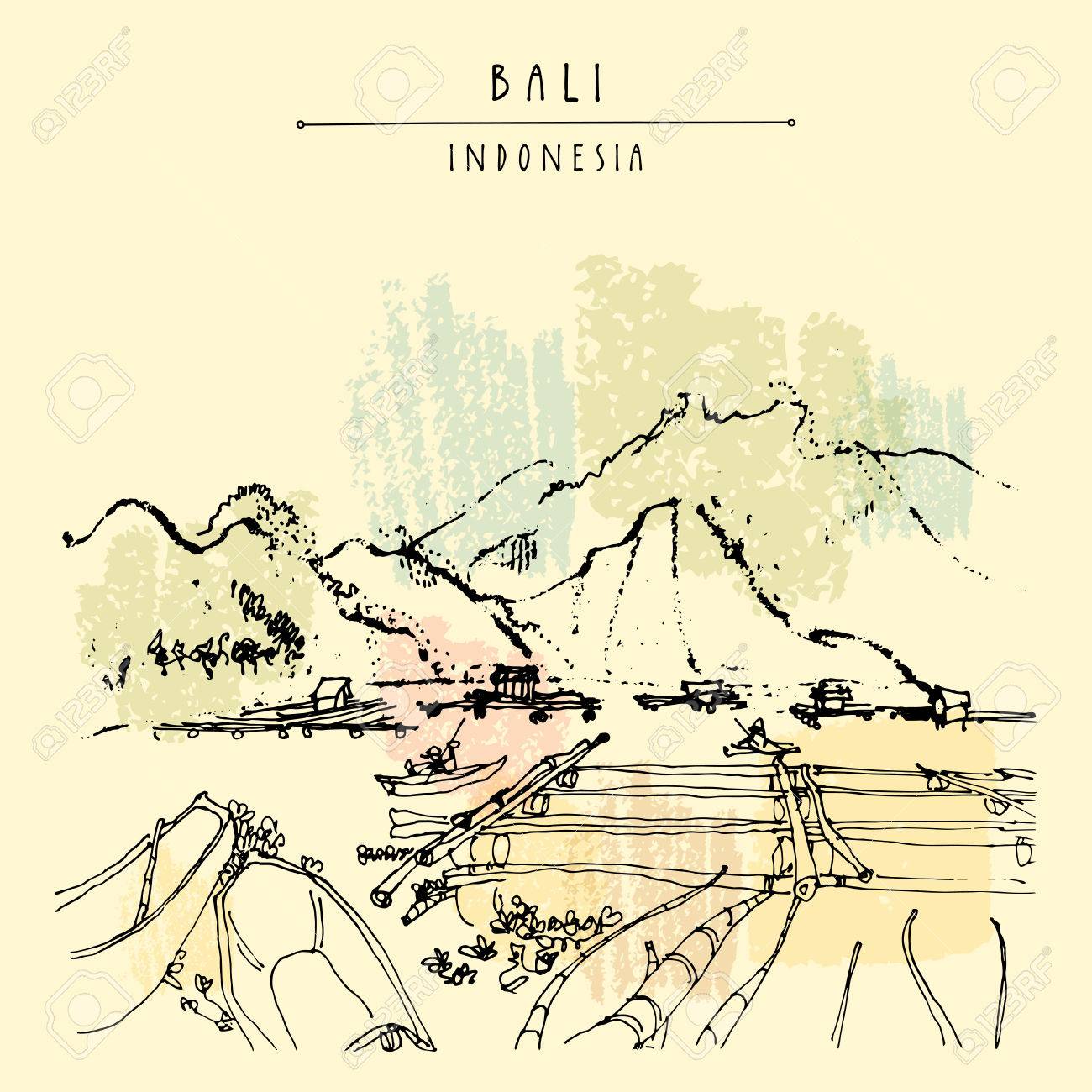 バトゥール火山湖やキンタマーニ高原 バリ州 インドネシア 東南アジアに近い漁船 手描き 旅行スケッチ ベクトルの本のイラスト ポストカードやポスター のテンプレートのイラスト素材 ベクタ Image