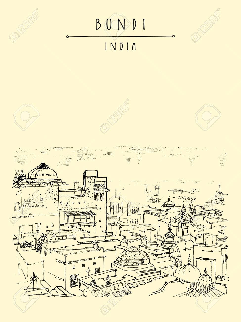 Bundi Rajasthan India Sopra La Vista Della Città In Bianco E Nero Disegno Artistico Verticale Indiano Cartolina Di Viaggio O Poster Con Scritte A