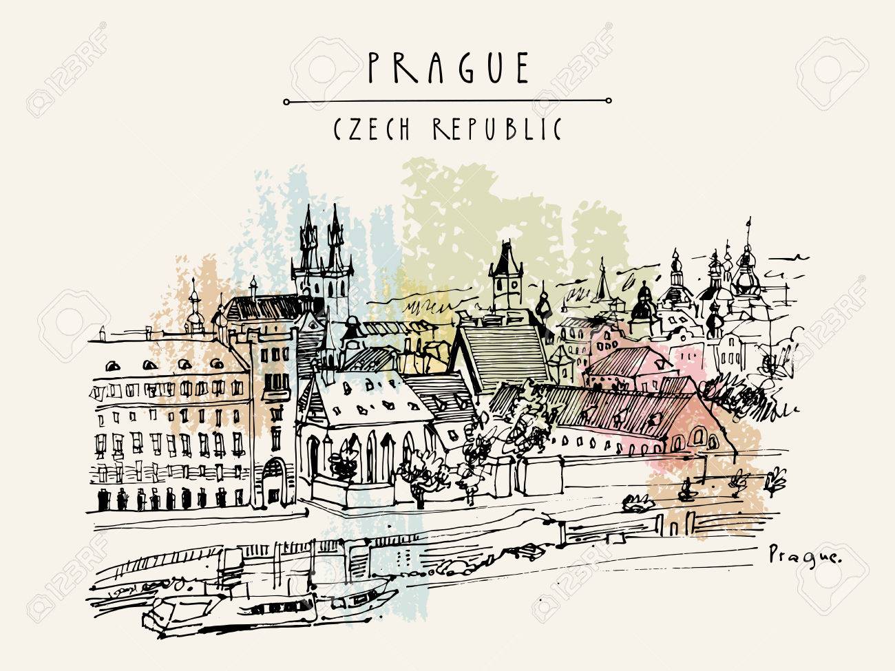 プラハ チェコ共和国のスカイライン ヨーロッパ ヨーロッパの街並み 旅行スケッチ 手描きヴィンテージ観光はがき ポスター 書籍やカレンダーのイラスト ベクター のイラスト素材 ベクタ Image