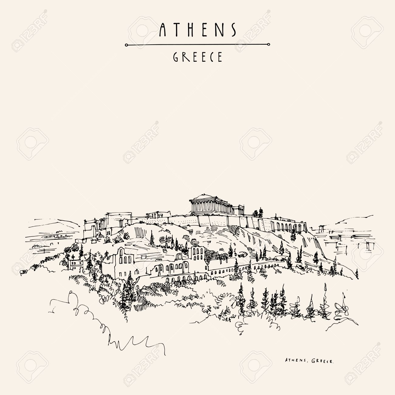 ギリシャ アテネのアクロポリスの丘のパルテノン神殿 手描きレトロなスタイル 旅行スケッチ ベクトルでビンテージの観光はがき ポスター カレンダーや書籍 イラスト のイラスト素材 ベクタ Image