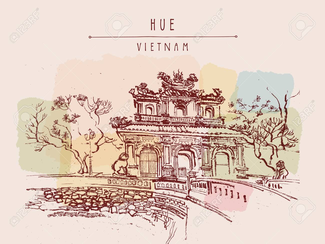 フエ ベトナム 帝国の城塞の門 紫禁城の門 木 彫刻 堀 橋 石の壁 手は レトロなスタイルの観光はがき ポスターや本のイラストを描いた ベクトル の イラスト素材 ベクタ Image