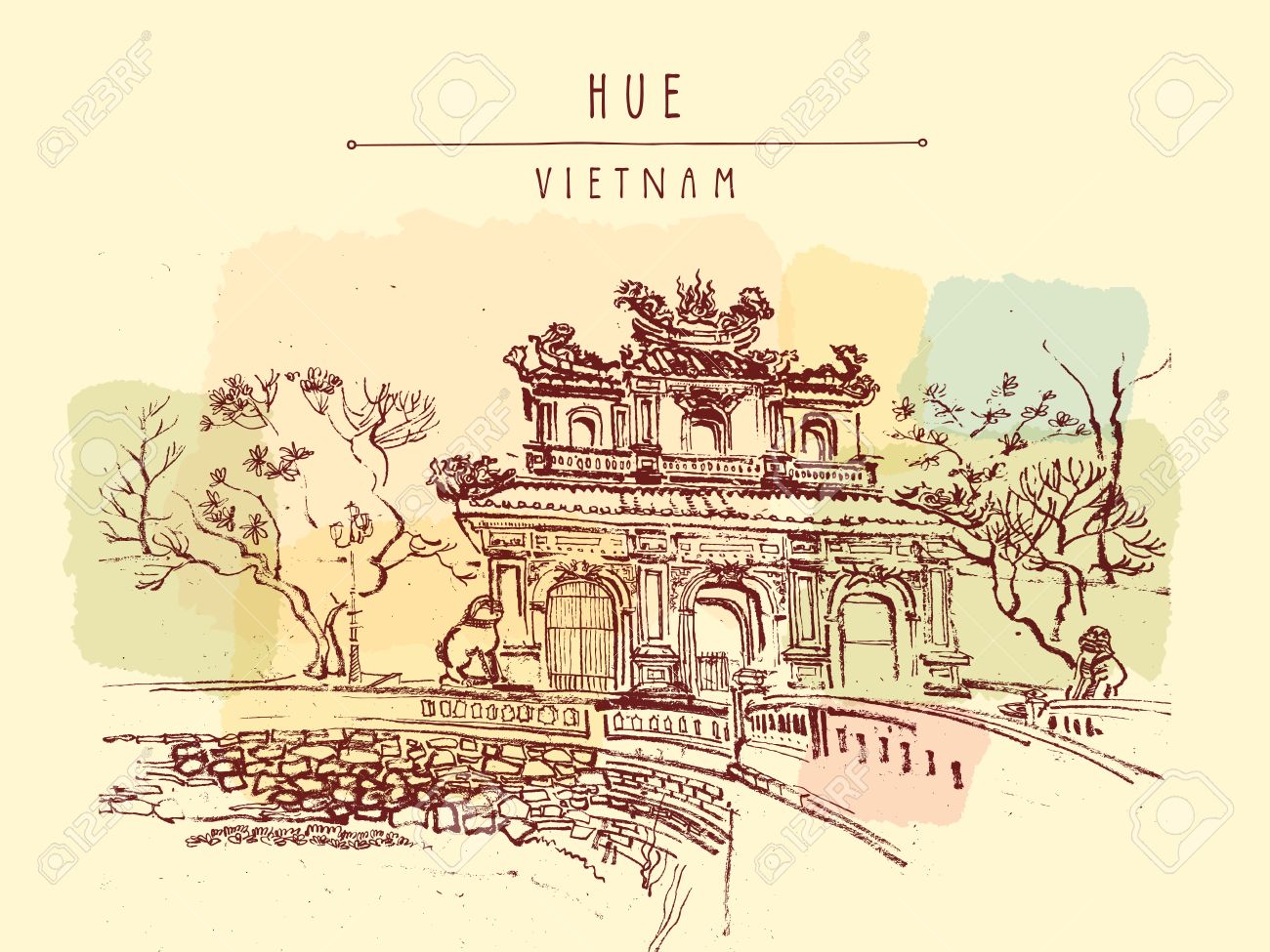 フエ ベトナム 帝国の城塞の門 紫禁城の門 木 彫刻 堀 橋 石の壁 手は レトロなスタイルの観光はがき ポスターや本のイラストを描いた ベクトル の イラスト素材 ベクタ Image