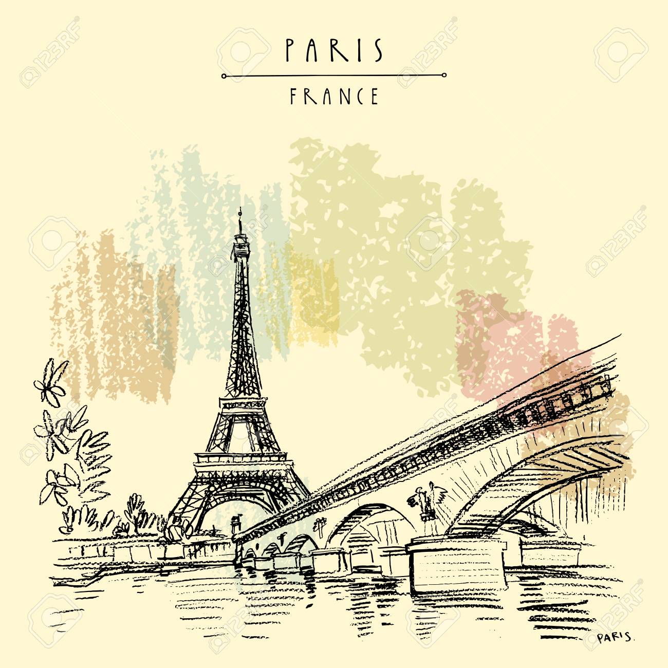 Eiffel Tower in Paris, France. Bridge and water. Hand drawing in retro style. Travel sketch. Vintage hand drawn touristic postcard, poster or book illustration in vector - 111830165 Eiffel Tower in Paris, France. Bridge and water. Hand drawing in retro style. Travel sketch. Vintage hand drawn touristic postcard, poster or book illustration in vector - 111830165