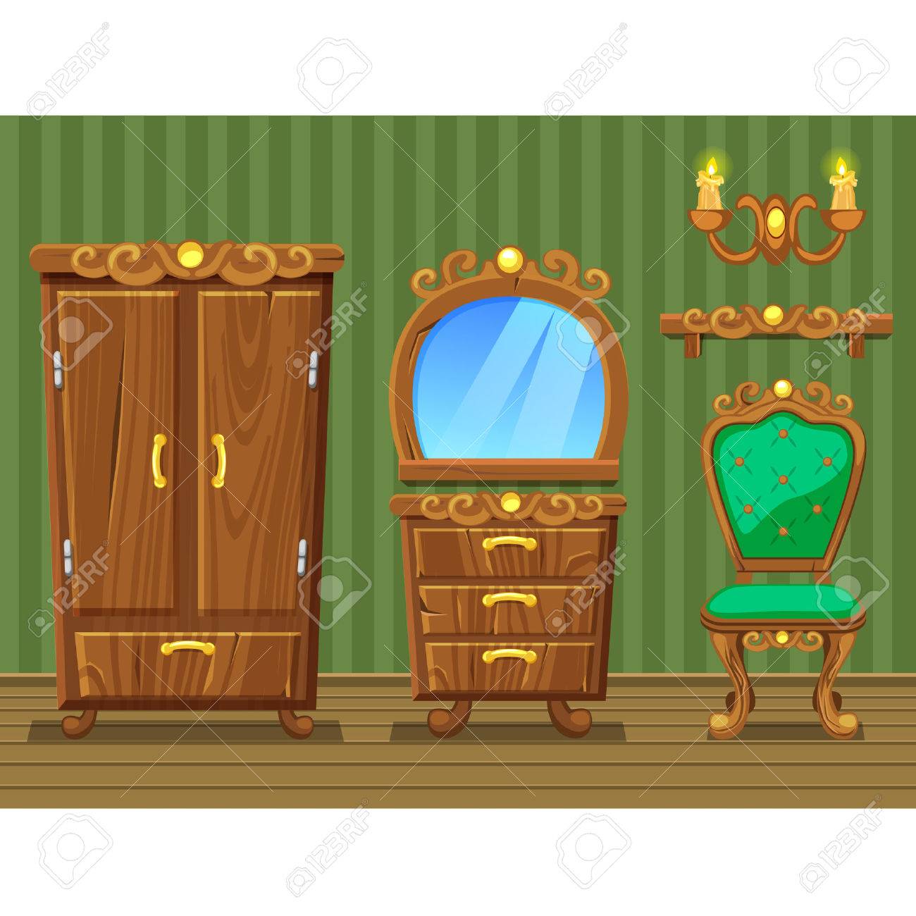 Set Cartoon Lustigen Holz Retro Möbel, Grün Wohnzimmer Lizenzfrei ... Set Cartoon Lustigen Holz Retro Möbel, Grün Wohnzimmer Lizenzfrei ...