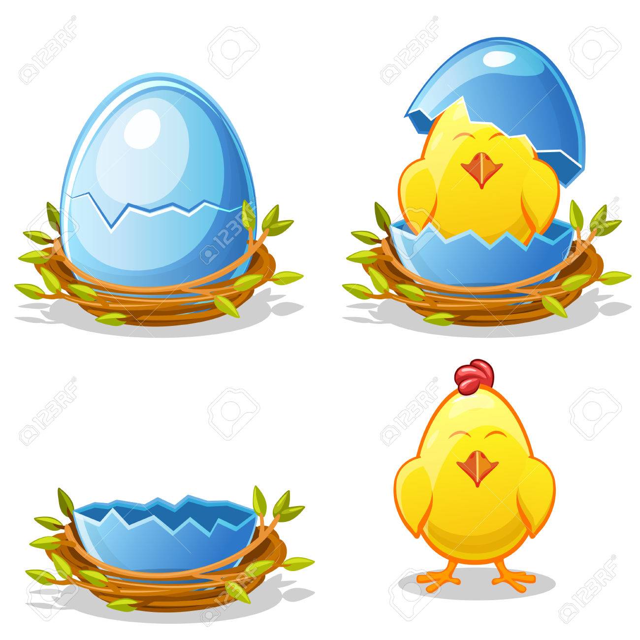 漫画面白い鶏とひよこ少年 開発のさまざまな段階で木の枝の巣の青い卵 のイラスト素材 ベクタ Image