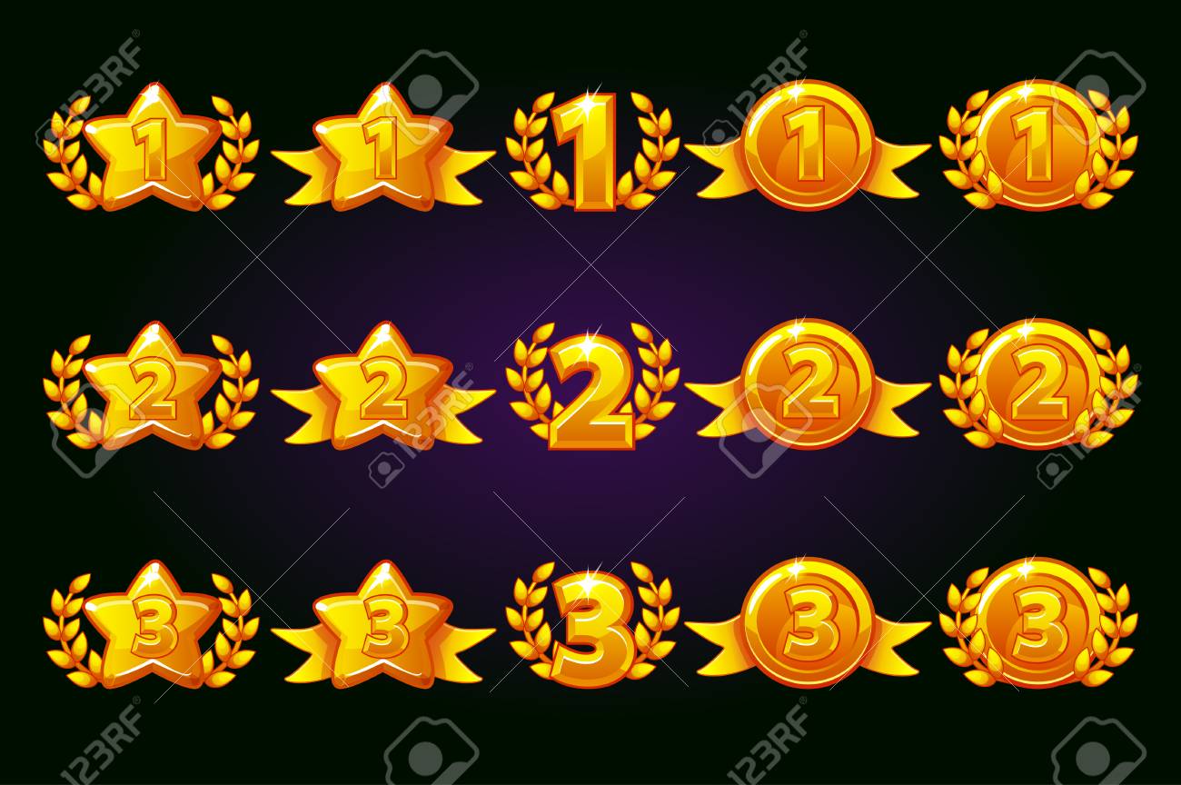 벡터 황금 보상 아이콘을 설정합니다. 1위, 2위, 3위 다양한 변형. 승리와 골드 스타 또는 게임, UI, 배너, 앱, 인터페이스,  슬롯, 게임 개발의 월계관. 별도의 레이어에 아이콘 로열티 무료 사진, 그림, 이미지 그리고